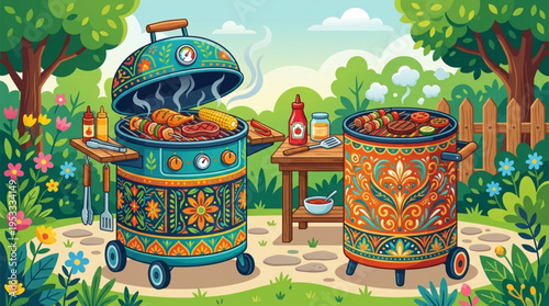 Vibrant outdoor bbq scene with colorful grills and garden decor perfect for summer fun and outdoor entertaining
