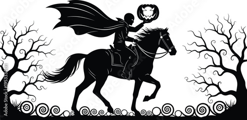 Headless Horseman silhouette, Halloween folklore, spooky rider, haunted forest, jack o lantern, ghost story, Sleepy Hollow legend, eerie night illustration