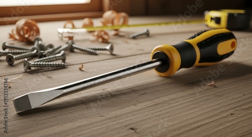 A screwdriver and various tools scattered on a wooden workbench surface