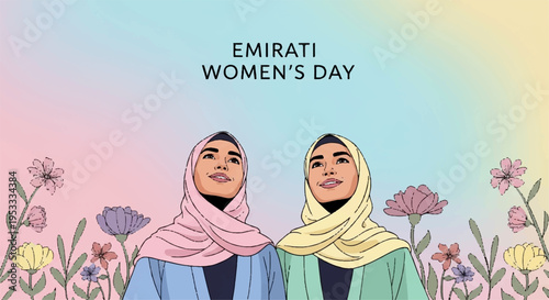 Two smiling emirati women in hijabs standing together in colorful floral background on emirati women's day