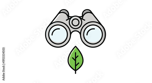 A pair of gray and black binoculars with clear lenses is positioned directly above a single, vibrant green leaf on a clean white background.
