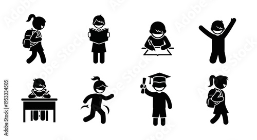 Black silhouettes of school children in various poses.