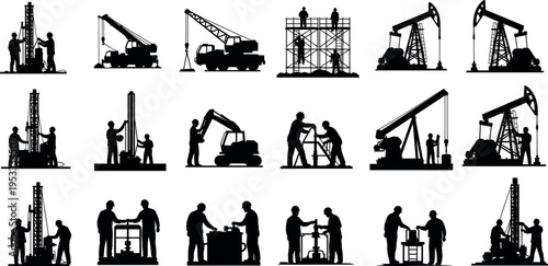 Oil industry worker and drilling rig silhouettes set isolated on white background, petroleum extraction equipment collection for energy production, industrial labor engineering vector illustration
