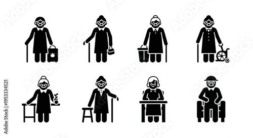 Elderly people with various mobility aids.