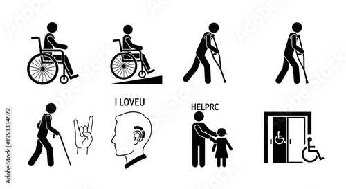 Black silhouette icons depicting people with disabilities and assistance.