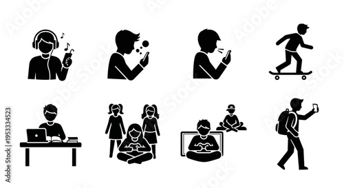 Black silhouette icons of people with technology.