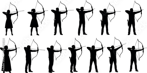 Set of archer silhouettes aiming bow and arrow isolated on white background, traditional archery people collection for sport competition, hunting activity vector illustration