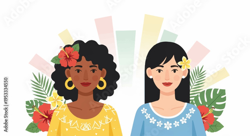 Two diverse women with flowers in hair standing together in tropical floral background with colorful leaves