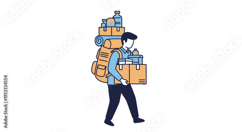 Man carrying heavy luggage and boxes.