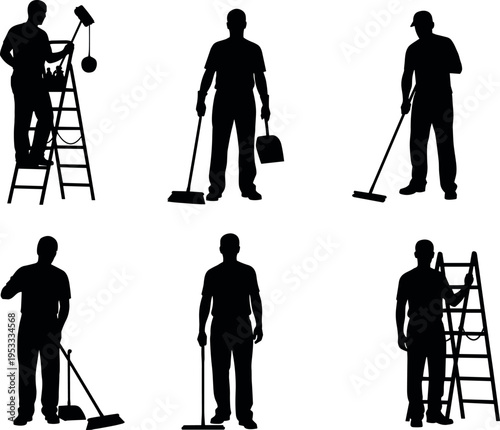 Set of cleaning worker silhouettes with broom mop and ladder isolated on white background, professional janitor collection for housekeeping service, maintenance job vector illustration