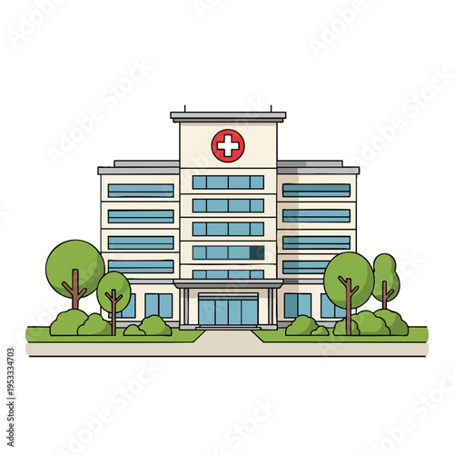 A modern medical building with a prominent red cross symbol and trees