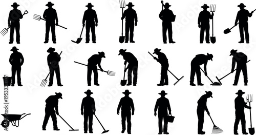 Set of farmer silhouettes with agricultural tools working and standing isolated on white background, rural farming workers collection for agriculture industry, gardening labor vector illustration