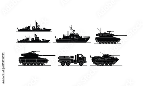 Assorted military vehicles and naval ships illustrated in black and white