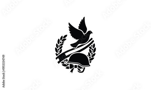 Emblem featuring a dove, helmet, and olive branch symbolizing peace and defense
