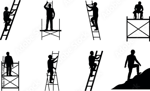 Silhouette collection of construction workers climbing ladders, standing on scaffolding and working at height in various poses, industrial maintenance concept isolated on white background