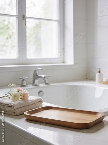 A serene bathroom scene with a wooden tray on a white countertop next to a bathtub and window.