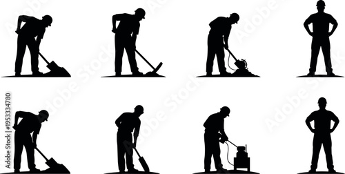 Silhouette collection of construction workers digging, shoveling, and operating equipment in different poses, industrial labor workforce concept isolated on white background for engineering themes