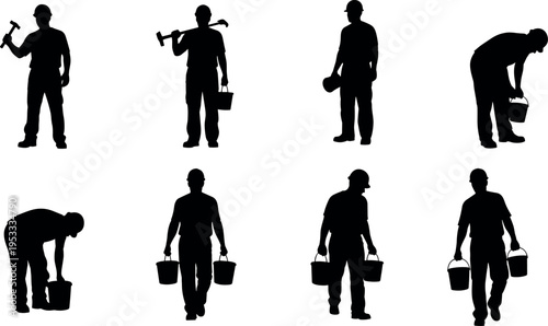 Silhouette set of construction workers carrying buckets, holding tools and bending in work poses, manual labor workforce concept isolated on white background for industry themes