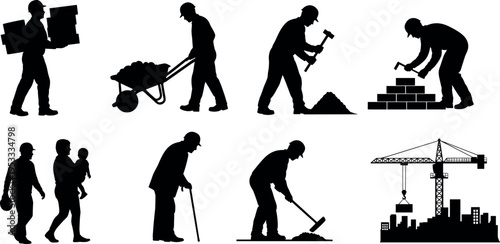 Silhouette set of construction workers carrying bricks, pushing wheelbarrow, hammering and digging near crane and city skyline, industrial labor workforce concept isolated on white background