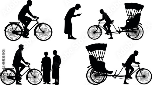 Urban transport silhouettes showing man riding bicycle, rickshaw driver with passenger seat and standing people using smartphone, daily city lifestyle isolated on white background