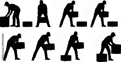 Warehouse worker lifting heavy box silhouettes manual handling posture set logistics labor delivery staff moving cargo packaging transportation service vector isolated illustration