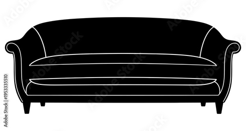 Black Chesterfield Sofa Silhouette with White Outline Isolated on White Background Minimalist Design