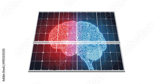 Two adjacent solar panels display a glowing, bifurcated circuit board brain graphic with distinct red and blue hemispheres against a pure white background.