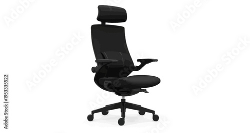 Black Ergonomic Office Chair with Headrest and Adjustable Arms on White Background