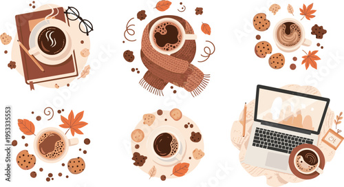 Autumn coffee compositions with cups, cookies, leaves and cozy elements, warm fall aesthetic cafe scenes top view vector illustration set