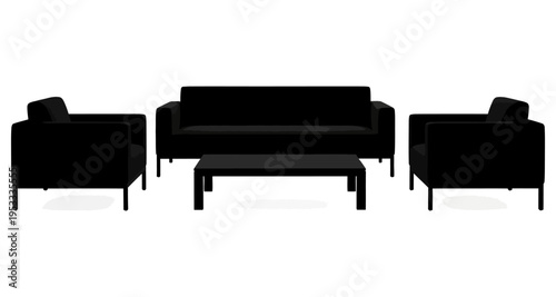 Black Modern Sofa and Armchairs with Coffee Table Set on White Background