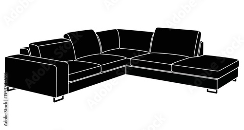 Black Sectional Sofa with Ottoman and White Outline
