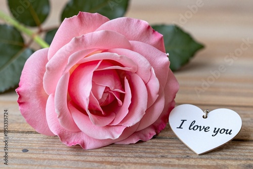 pink roses and a heart on a wooden table