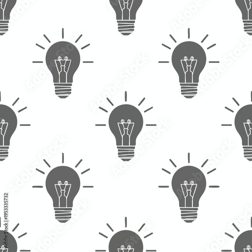 Seamless pattern of glowing filament light bulbs on white background