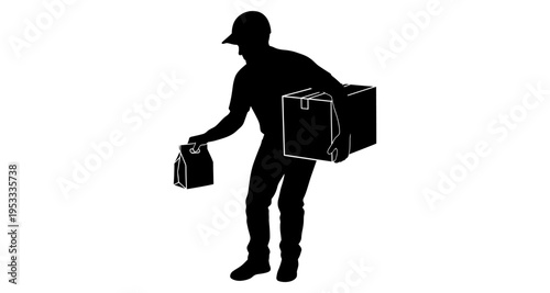 Delivery person silhouette carrying box and food bag service logistics