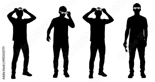 Four Men Silhouettes Adjusting Sunglasses Outdoors Isolated on White Background