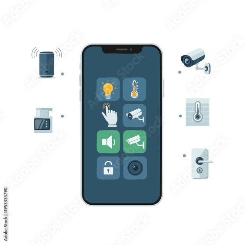 Smartphone displays smart home controls light, temp, security, sound, lock