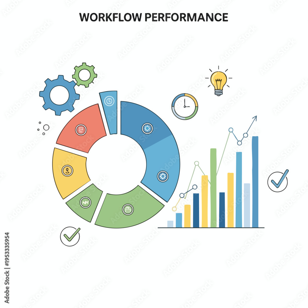 Fototapeta premium Stylized infographic showing gears, pie chart, progress bar, clock, and lightbulb
