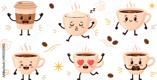 Cute cartoon coffee cups with faces, funny beverage characters with эмо and expressions, playful cafe mascot vector illustration set