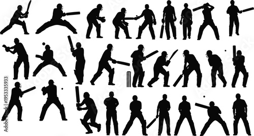 Cricket player silhouette collection, batting bowling fielding poses, sports training artwork, dynamic motion illustration, athletic cricket design, educational sports concept