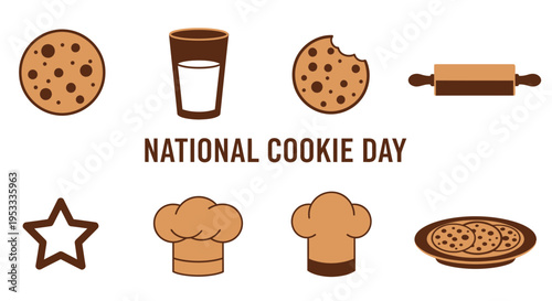 An illustration of baking and cookierelated icons centered around NATIONAL COOKIE DAY