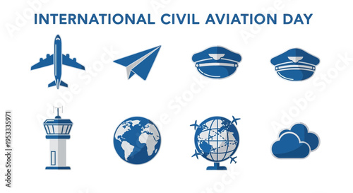 Blue and white icons celebrating International Civil Aviation Day