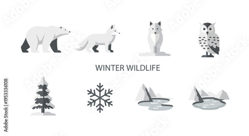 Flat icon set featuring arctic animals nature elements and landscapes