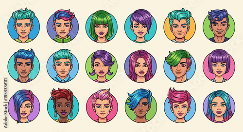 Diverse cartoon people with colorful hair.