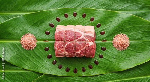 Overhead flat lay of raw Kalua Pork and pink salt on a vivid green Ti leaf