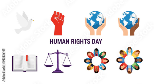 Flat icons for Human Rights Day dove fist globe book scales and diverse people