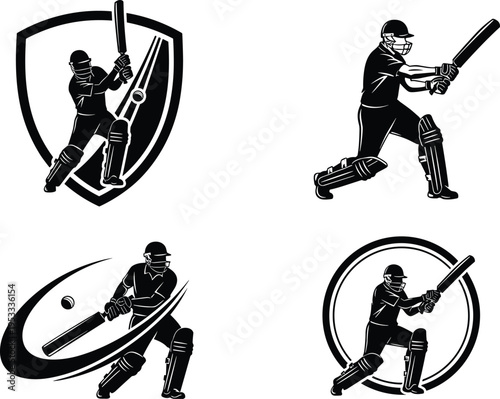Cricket batsman vector illustration, batting poses artwork, sports logo design, dynamic motion emblem, training poster concept, athletic silhouette cricket branding