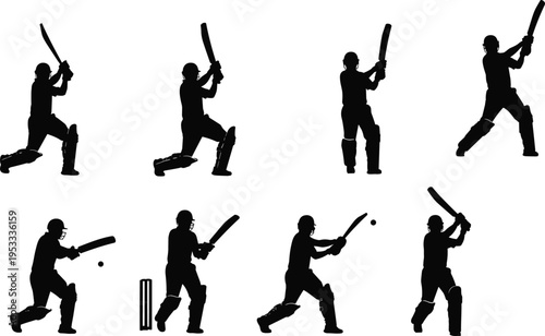 Cricket batsman silhouette sequence, batting stances illustration, sports training artwork, dynamic motion design, educational cricket technique poster, athletic sports concept