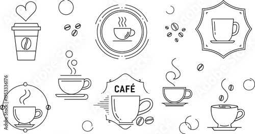 Coffee icons set with cups, beans and takeaway drink, minimal line art cafe elements for menu and branding vector illustration