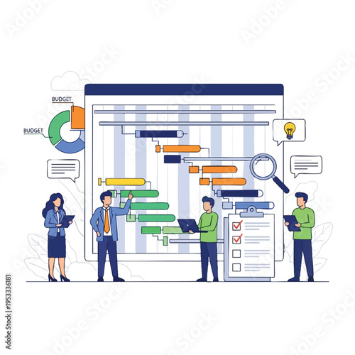Business team planning with Gantt chart, pie chart, and checklist