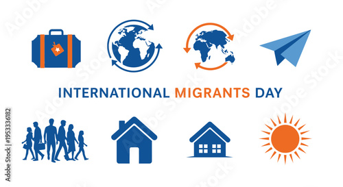 Graphic design for International Migrants Day featuring blue and orange icons